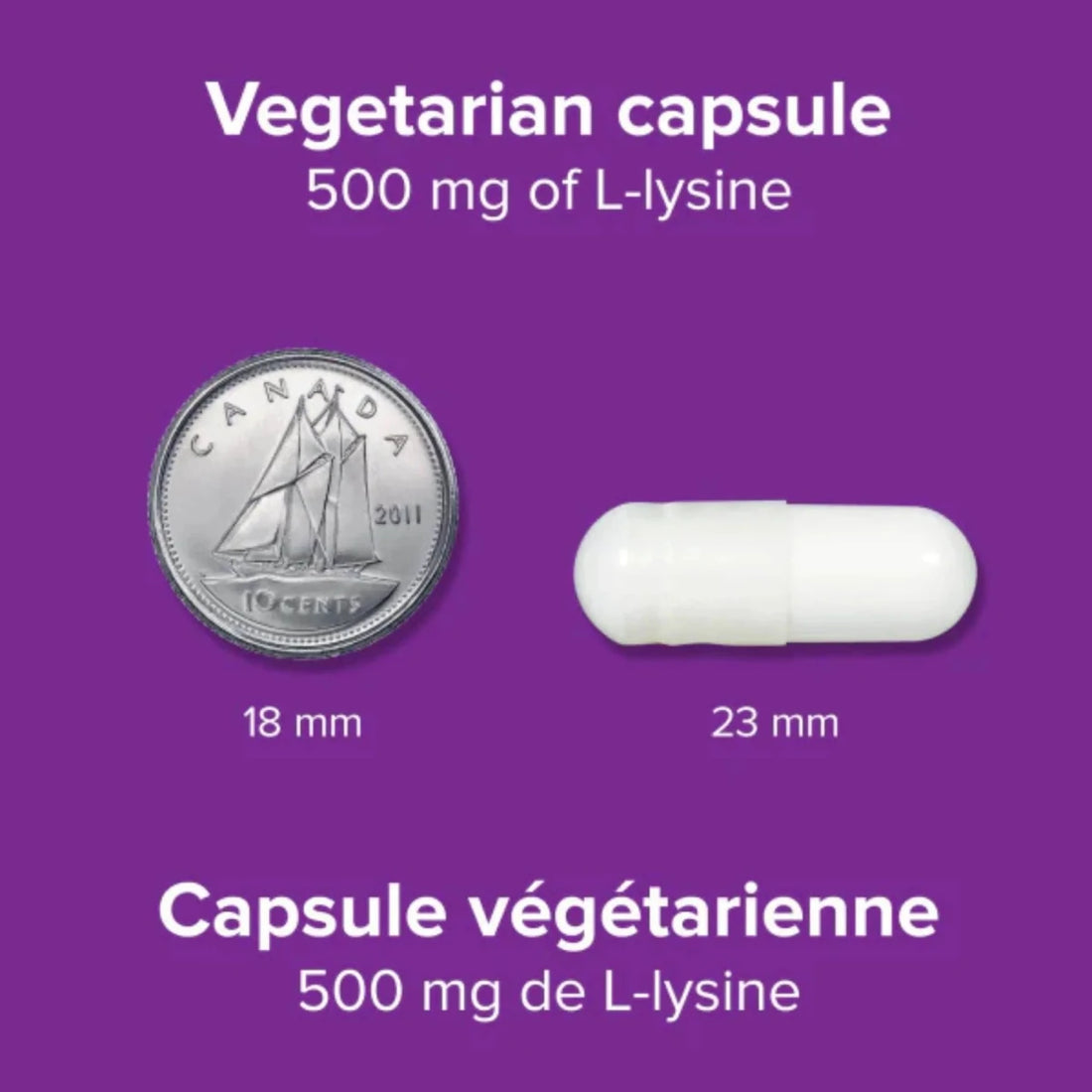 Vegetarian capsule with size comparison to a coin on a purple background - okotoks hc pharmacy