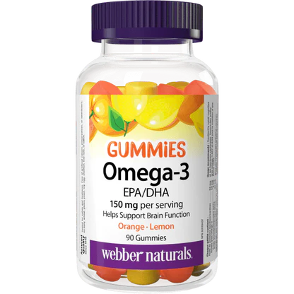 Bottle of Webber Naturals Omega-3 Gummies with a purple cap on a white background - okotoks hc pharmacy
