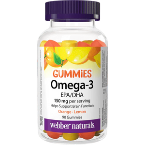 Bottle of Webber Naturals Omega-3 Gummies with a purple cap on a white background - okotoks hc pharmacy