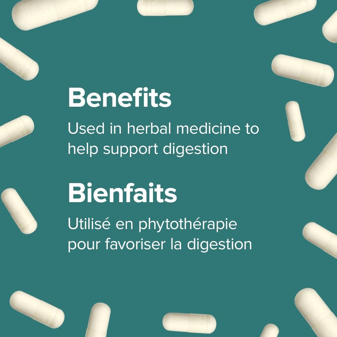 Text about herbal medicine benefits for digestion on a green background with white capsules. - okotoks hc pharmacy