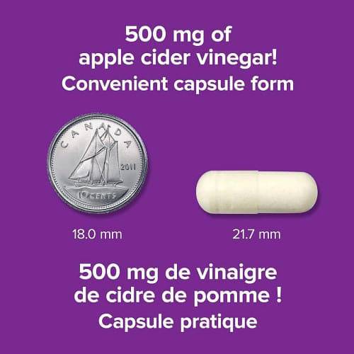 Capsule form of 500 mg apple cider vinegar on a purple background with a coin for size comparison. - okotoks hc pharmacy