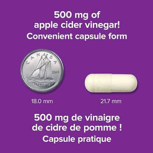 Capsule form of 500 mg apple cider vinegar on a purple background with a coin for size comparison. - okotoks hc pharmacy