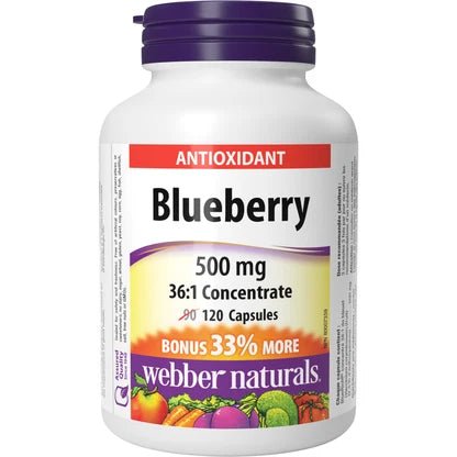 A white plastic bottle of Webber Naturals Blueberry Antioxidant dietary supplement, 500 mg, 120 capsules, with a dark purple cap and a colorful label. - okotoks hc pharmacy