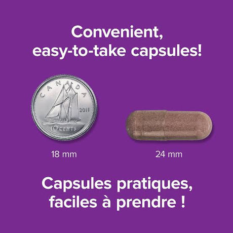 Purple promotional graphic showing a brown capsule next to a 10-cent Canadian coin for size comparison, with French text reading 'Convenient, easy-to-take capsules!' and 'Capsules pratiques, faciles à prendre !'. - okotoks hc pharmacy