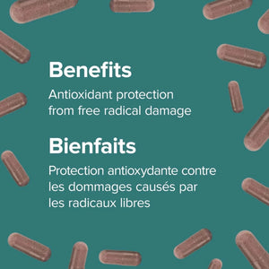 Teal promotional graphic with scattered brown capsules around the border and centered white and French text reading 'Benefits' and 'Bienfaits' with antioxidant protection copy. - okotoks hc pharmacy