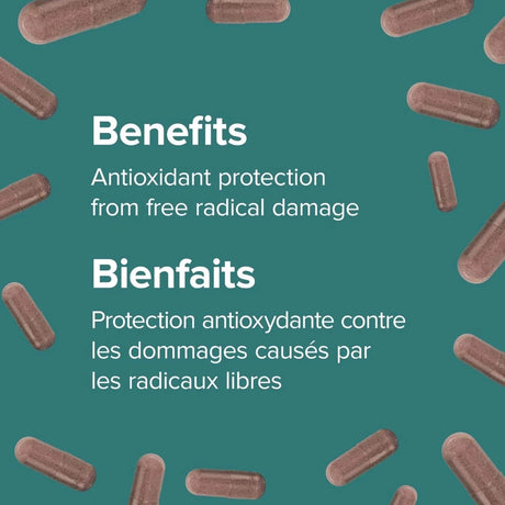 Teal promotional graphic with scattered brown capsules around the border and centered white and French text reading 'Benefits' and 'Bienfaits' with antioxidant protection copy. - okotoks hc pharmacy