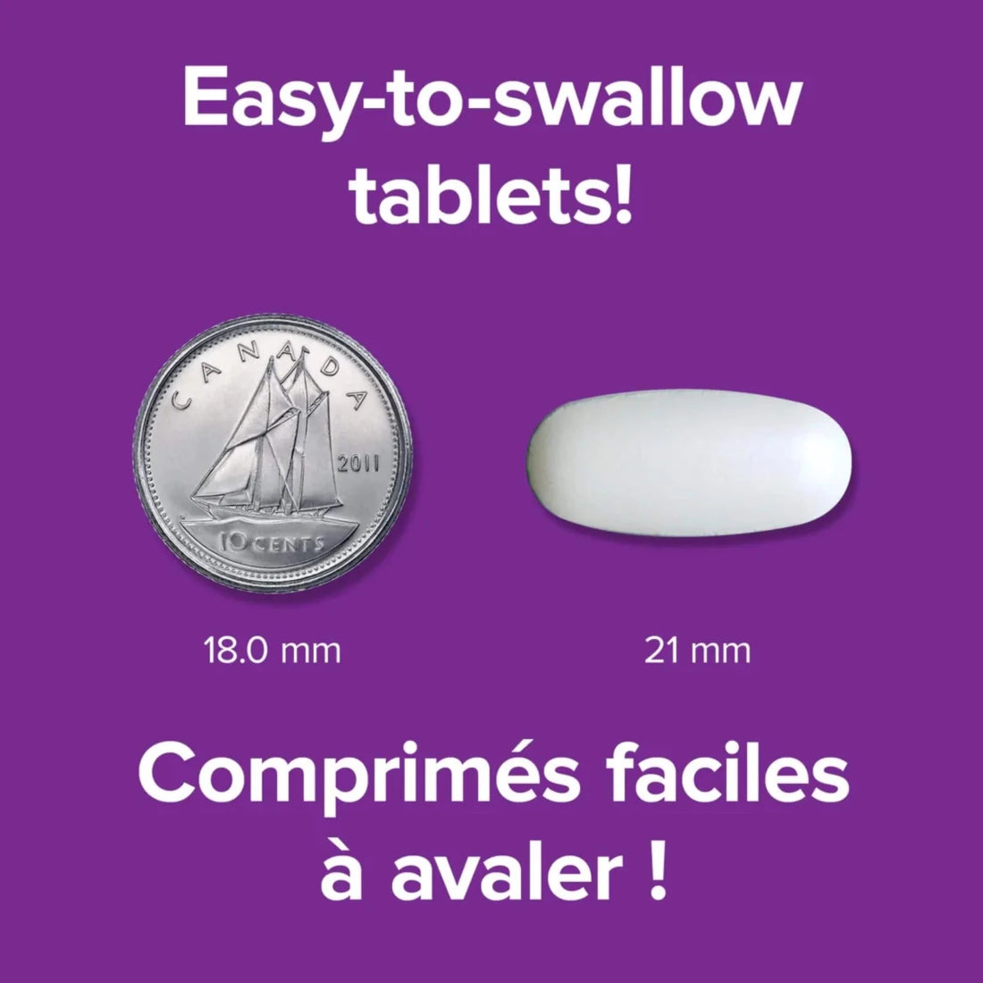 Comparison of a coin and a tablet on a purple background with text about easy-to-swallow tablets. - okotoks hc pharmacy