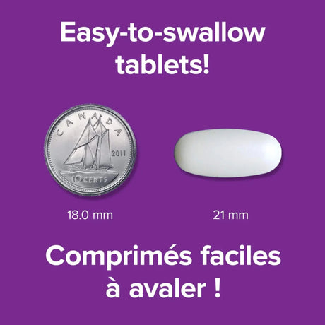 Comparison of a coin and a tablet on a purple background with text about easy-to-swallow tablets. - okotoks hc pharmacy