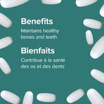 White pills on a teal background with text about bone and teeth health. - okotoks hc pharmacy