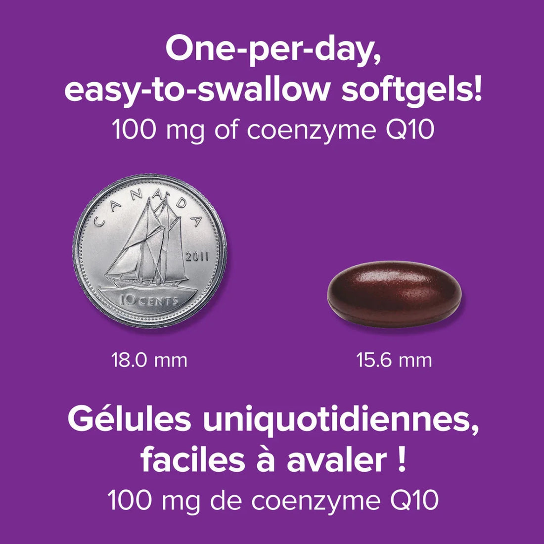 Coenzyme Q10 supplement with size comparison to a Canadian coin on a purple background - okotoks hc pharmacy