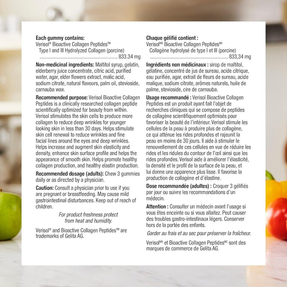 Product label with text and images of gummies and fruits on a blurred background - okotoks hc pharmacy