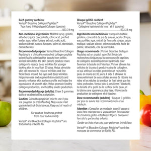 Product label with text and images of gummies and fruits on a blurred background - okotoks hc pharmacy