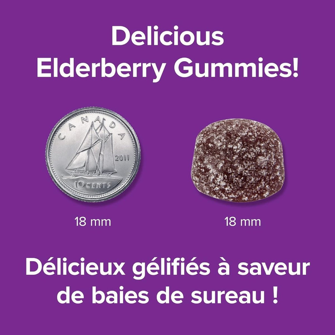 Elderberry gummies next to a Canadian coin on a purple background with text about the product. - okotoks hc pharmacy