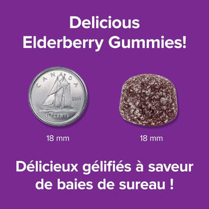 Elderberry gummies next to a Canadian coin on a purple background with text about the product. - okotoks hc pharmacy