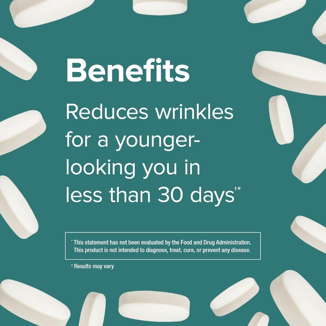 Cosmetic product packaging with text about reducing wrinkles on a teal background - okotoks hc pharmacy