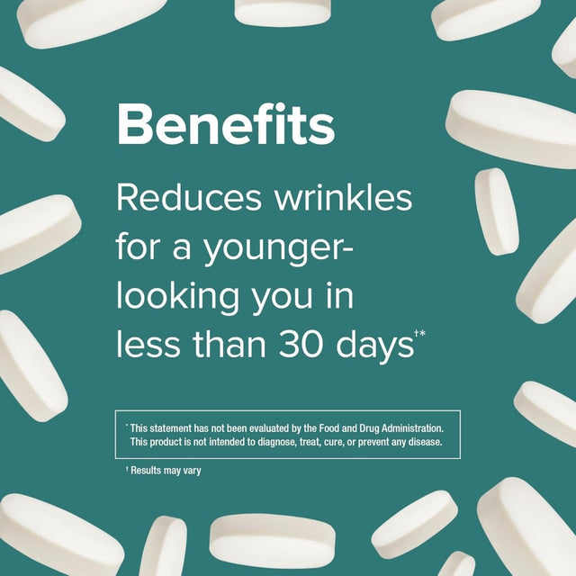 Cosmetic product packaging with text about reducing wrinkles on a teal background - okotoks hc pharmacy