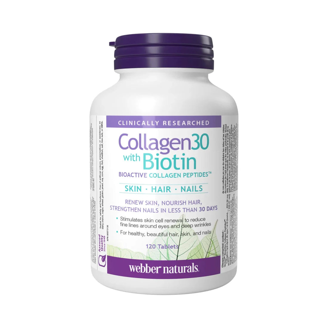 Bottle of Collagen30 with Biotin supplement by Webber Naturals on a white background - okotoks hc pharmacy