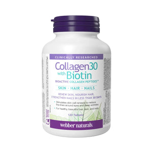 Bottle of Collagen30 with Biotin supplement by Webber Naturals on a white background - okotoks hc pharmacy