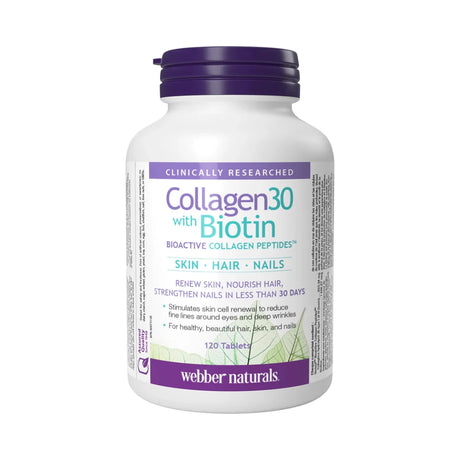 Bottle of Collagen30 with Biotin supplement by Webber Naturals on a white background - okotoks hc pharmacy
