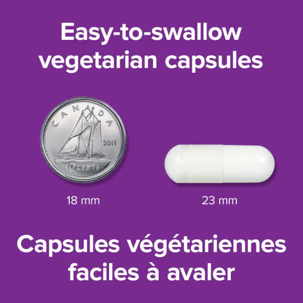Comparison of an easy-to-swallow vegetarian capsule with a Canadian coin on a purple background. - okotoks hc pharmacy
