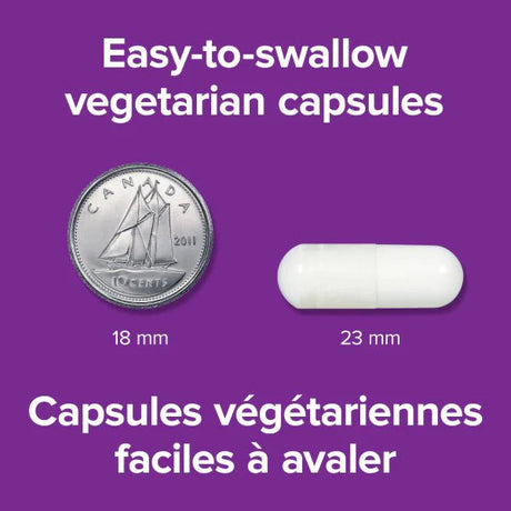 Comparison of an easy-to-swallow vegetarian capsule with a Canadian coin on a purple background. - okotoks hc pharmacy