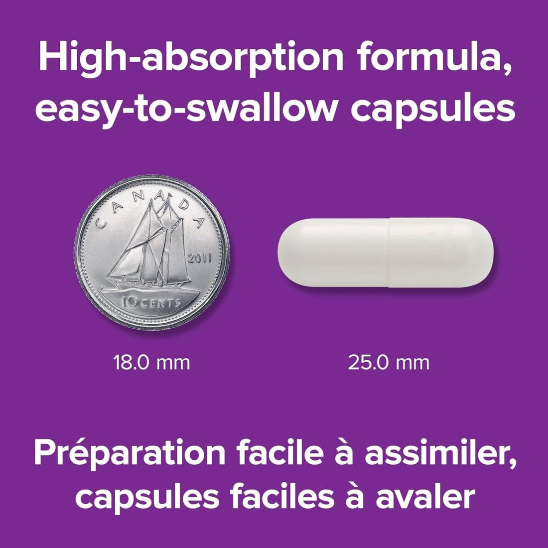 Comparison of a coin and a capsule on a purple background with text about high-absorption formula and easy-to-swallow capsules. - okotoks hc pharmacy
