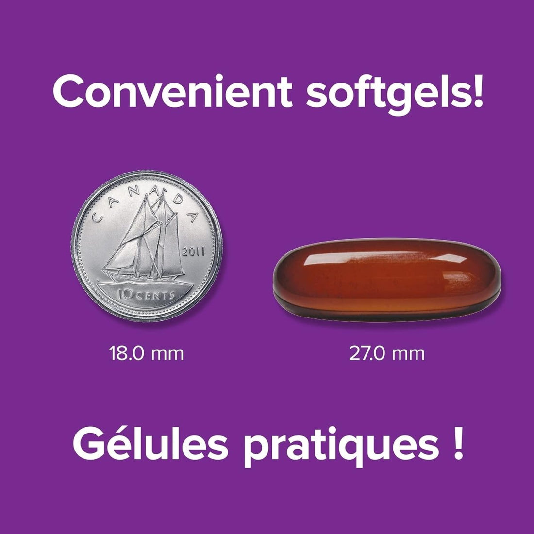 Comparison of a coin and a softgel on a purple background with text about convenience. - okotoks hc pharmacy