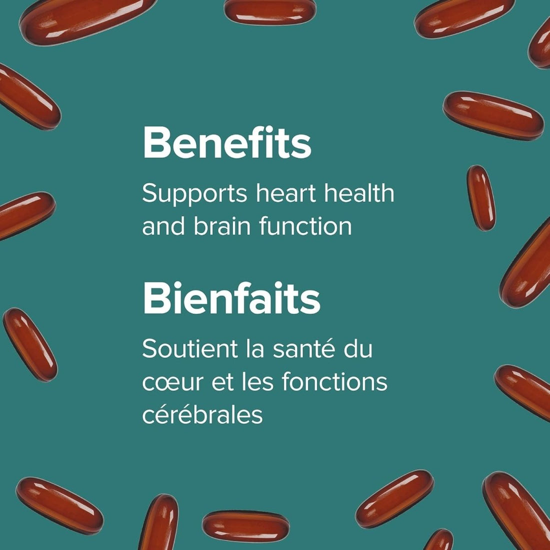 Red capsules on a teal background with text about heart health and brain function. - okotoks hc pharmacy