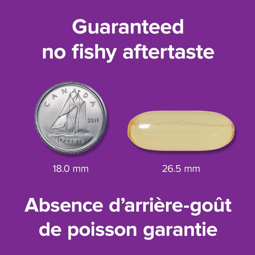 Vitamin capsule next to a Canadian coin on a purple background with text about no fishy aftertaste. - okotoks hc pharmacy