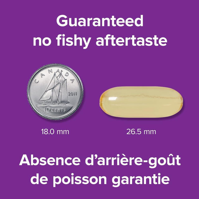 Vitamin capsule next to a Canadian coin on a purple background with text about no fishy aftertaste. - okotoks hc pharmacy